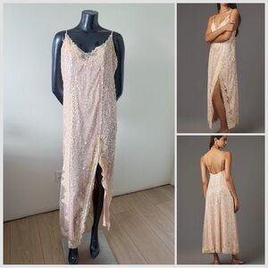 NWT Anthropologie En Elly Sleeveless V-Neck Lace Sequin Slip Midi Dress Medium